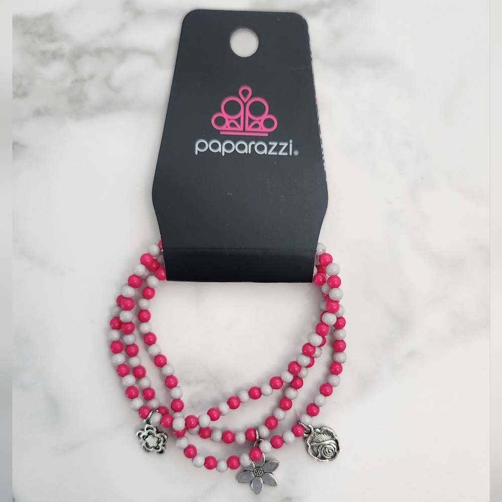 NWT Paparazzi Floral Pink & Silver Beads Charm Bracelet - Picture 4 of 7